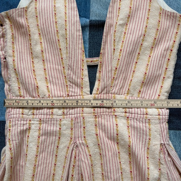 vtg 70s dress ruffle hem deep vneck striped embroidered pink cream green - Picture 8 of 11